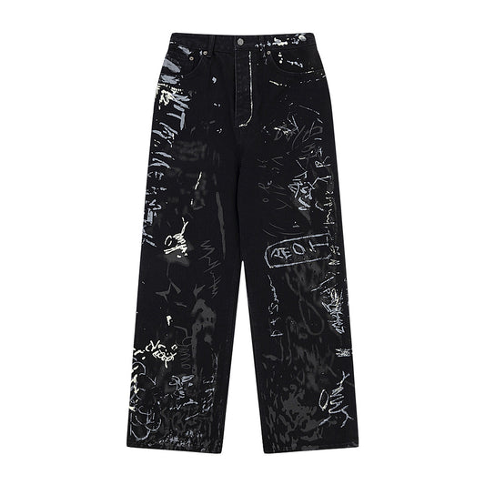 Graffiti Washed Denim Jeans for Men and Women