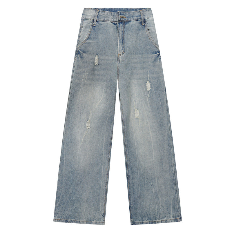 Vintage Distressed Wide-Leg Jeans - Unisex Loose Fit Straight Leg