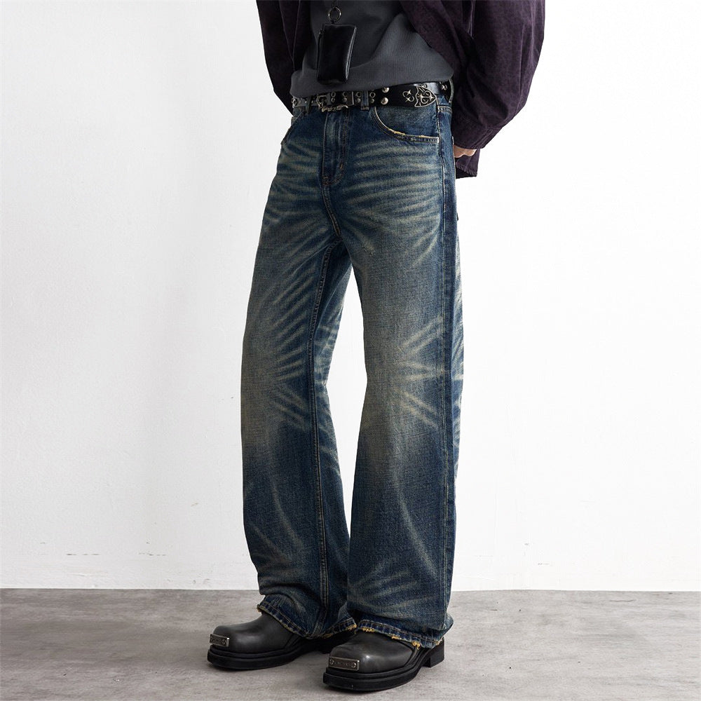 Men's Used Washed Loose-Fit Denim Jeans — Punk Zipper Fly Mid-Waist Blue