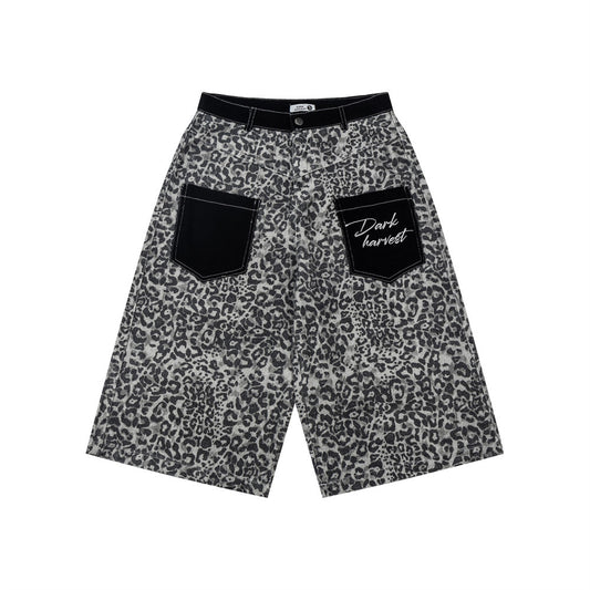 Leopard Embroidered Mid-Rise Denim Shorts — Apricot & Black