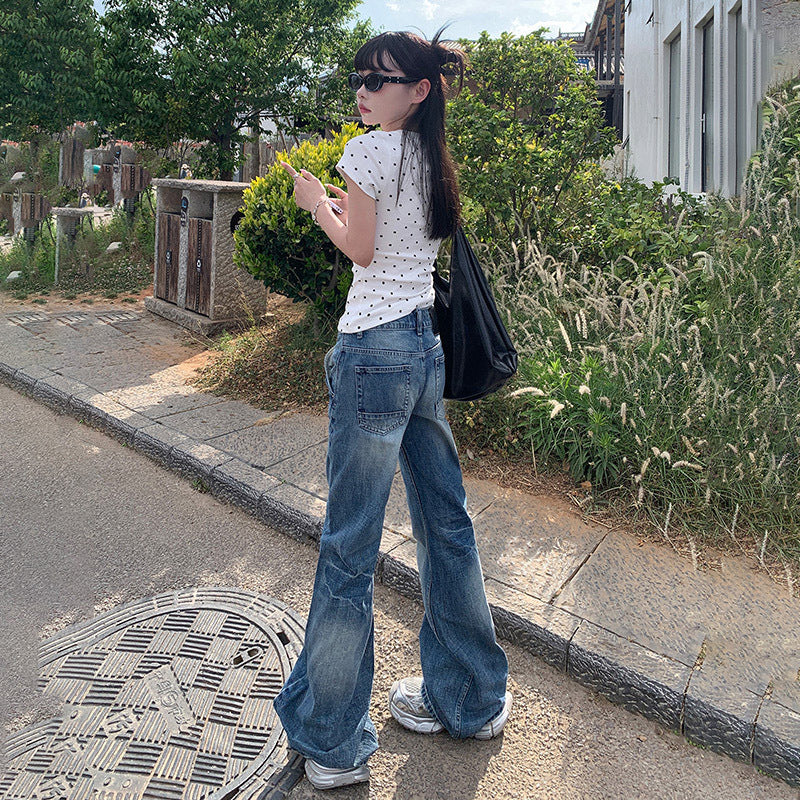 Women's Cracked Wide-Leg Jeans - Summer Loose Drape Bell-Bottom Pants