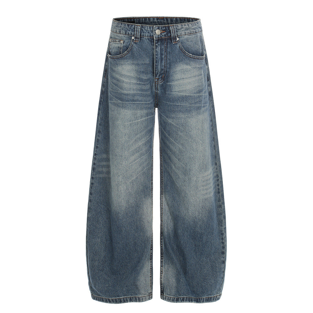 Street Style Men's Jeans, Distressed Catwhisker Slash Cut, Trendy Brand, Loose Fit, Wide Leg, Long Pants