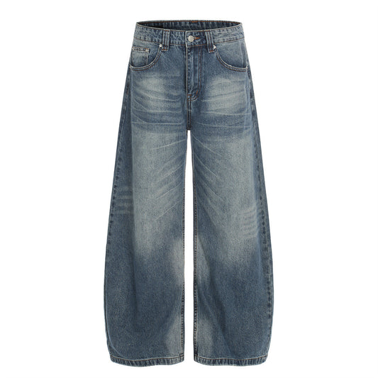 Street Style Men's Jeans, Distressed Catwhisker Slash Cut, Trendy Brand, Loose Fit, Wide Leg, Long Pants