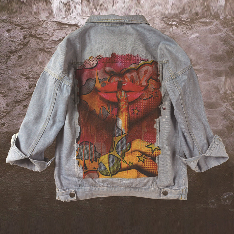 Women's Autumn Street Style Denim Jacket with Tongue Out Print