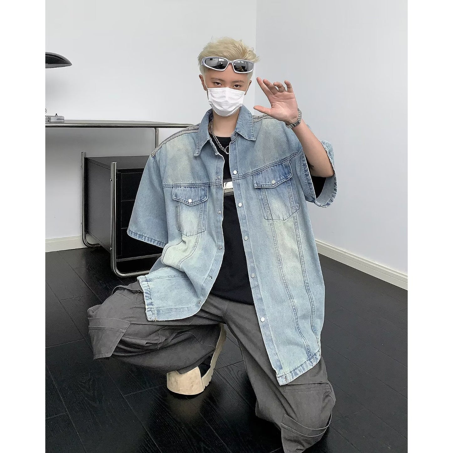 Washed Vintage Shoulder Padded Denim Shirt for Men