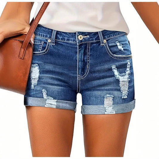 High Waisted Elastic Hole Denim Shorts for Women - Casual Deep Blue
