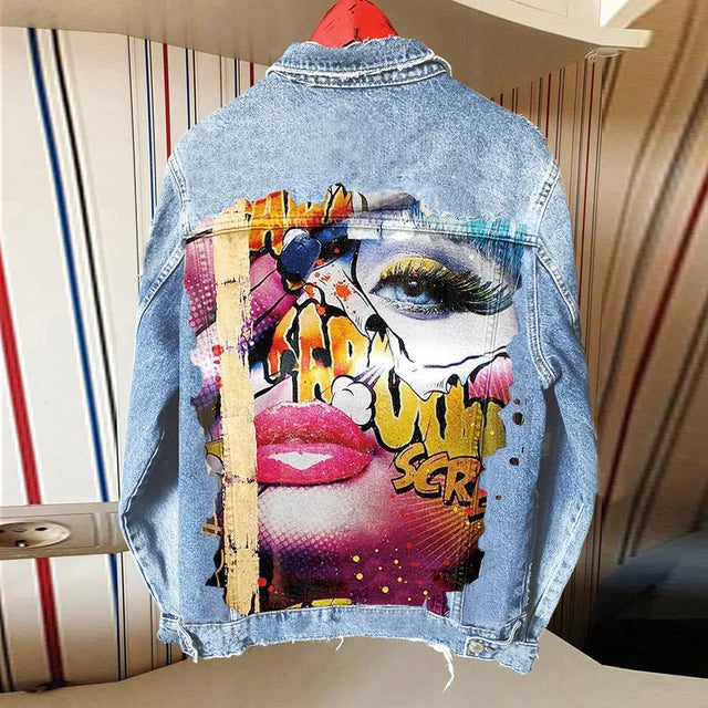 Women's Sexy Lady Pattern Lapel Denim Jacket