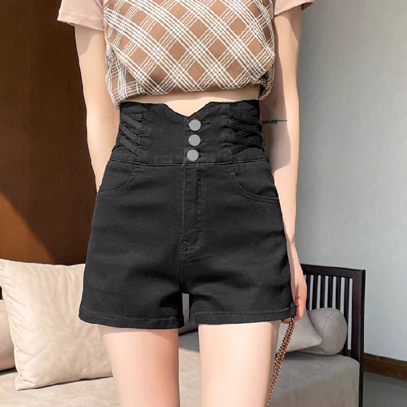 Casual High-Waisted Buttoned Denim A-Line Shorts for Women