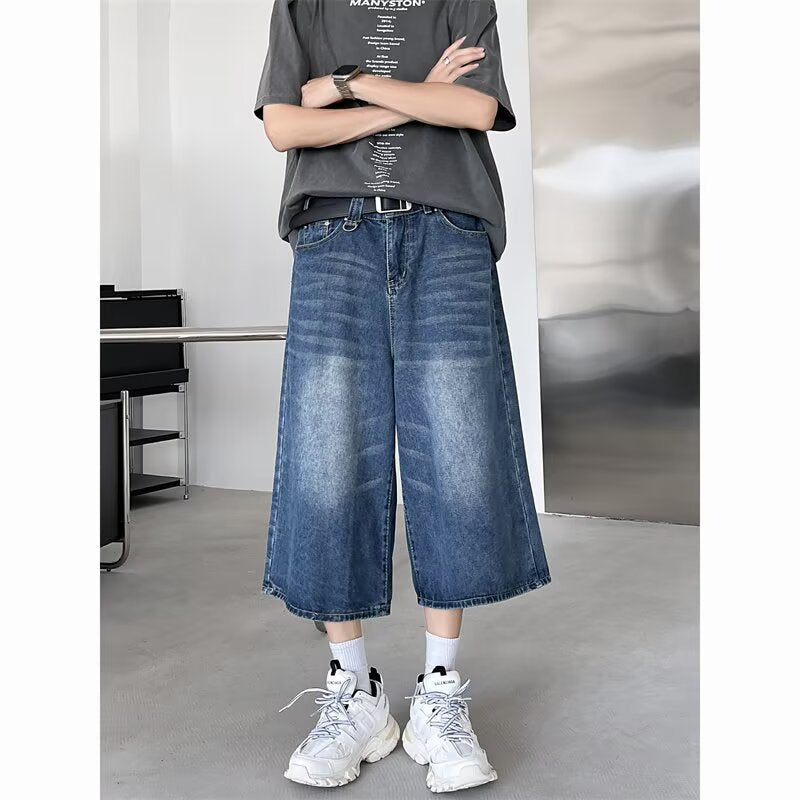 Retro Washed Wide Leg Seven Quarter Jeans for Men