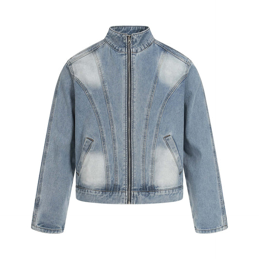 Distressed Unisex Reversed Denim Jacket with Hand-Sleeve