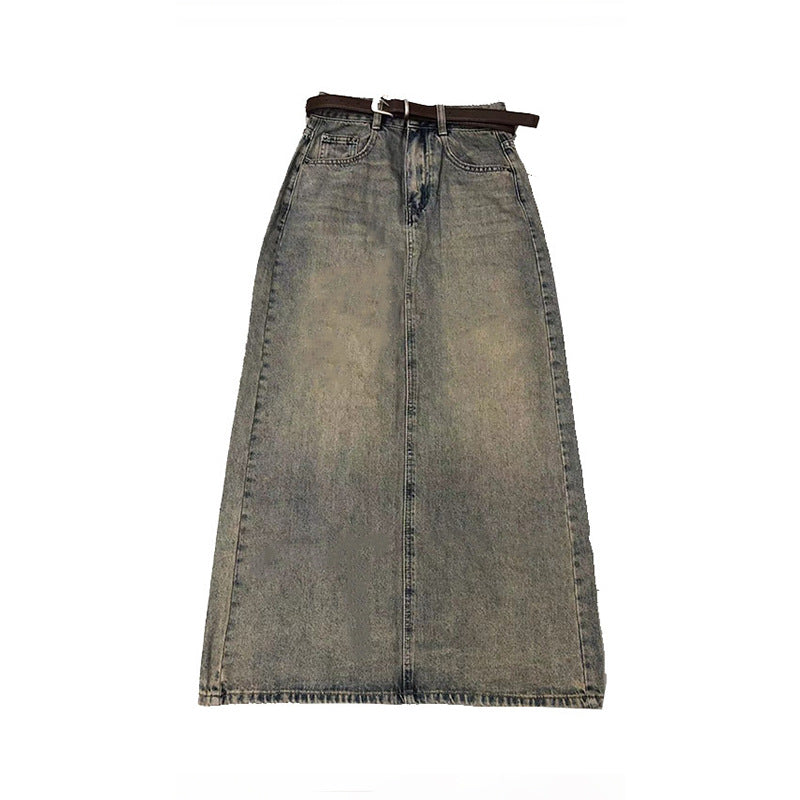 Retro High-Waist Slim A-Line Long Denim Skirt