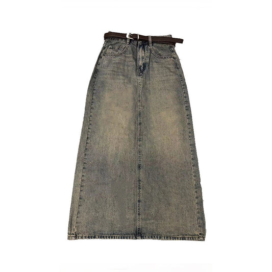 Retro High-Waist Slim A-Line Long Denim Skirt