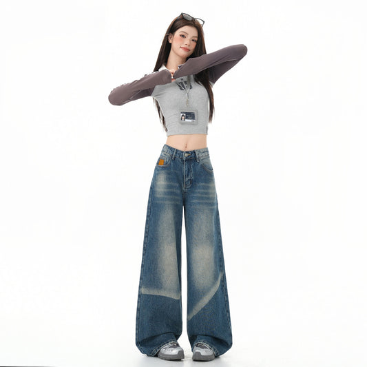 Retro Washed Denim Pants for Women - High Waist Loose Slimming Versatile Wide-Leg Trousers