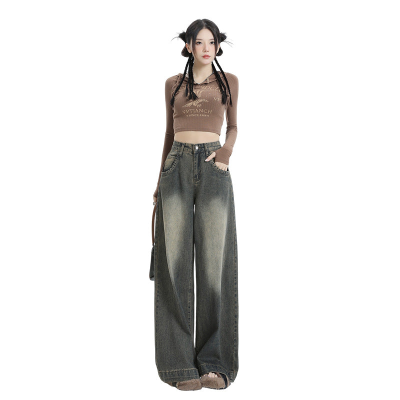 Women's Wide-Leg High-Waisted Distressed Jeans - Vintage Blue