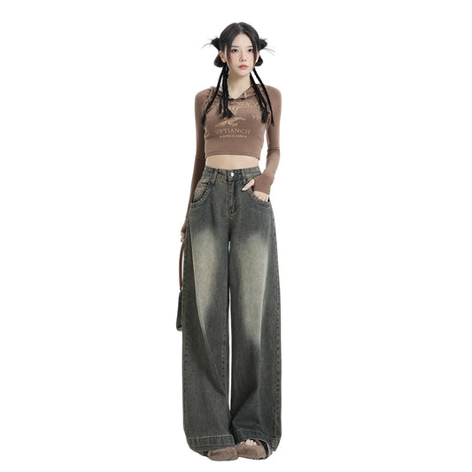 Women's Wide-Leg High-Waisted Distressed Jeans - Vintage Blue