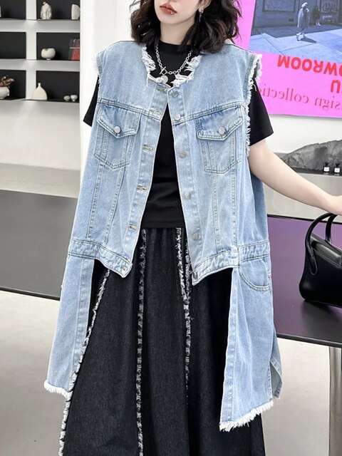 Women’s Loose Fit Blue Denim Irregular Burr Big Size Vest - O-Collar Sleeveless