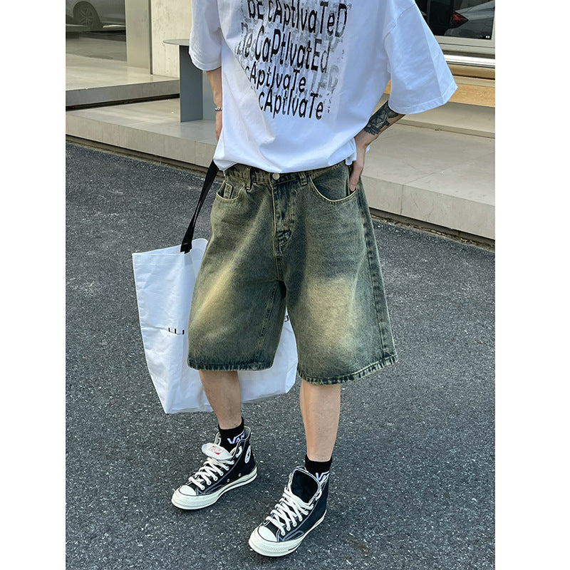 Blue Denim Casual Loose Five-Quarter Shorts for Men