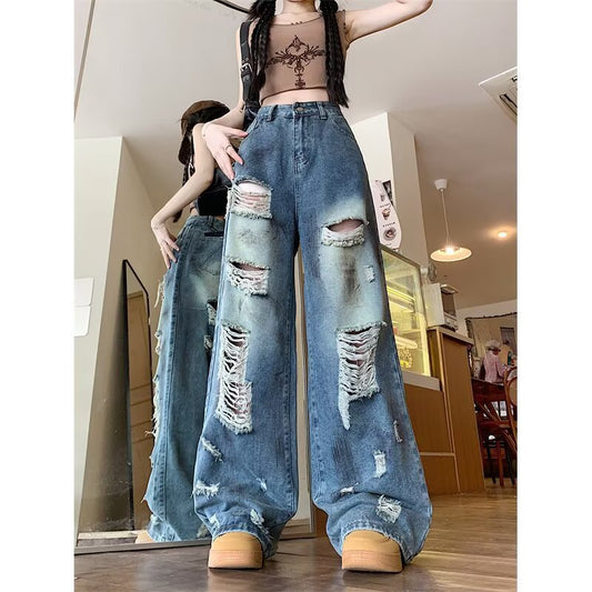 Ripped Washed Straight Leg Wide Leg Floor Length Pants