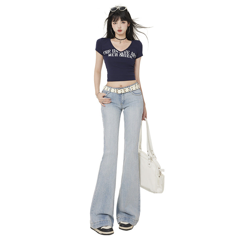 Women's Black and Gray Flared Jeans - Slimming Retro Low Waist Pants