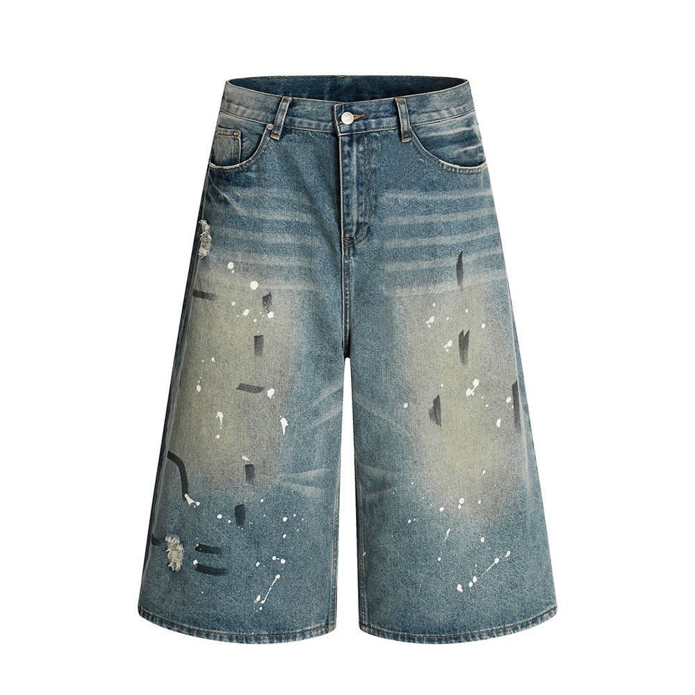 Men's Heavy-Duty Aged Denim Distressed Three-Quarter Shorts