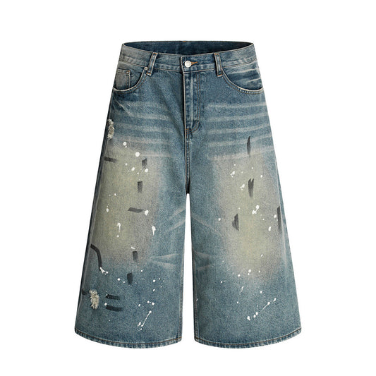 Men's Heavy-Duty Aged Denim Distressed Three-Quarter Shorts