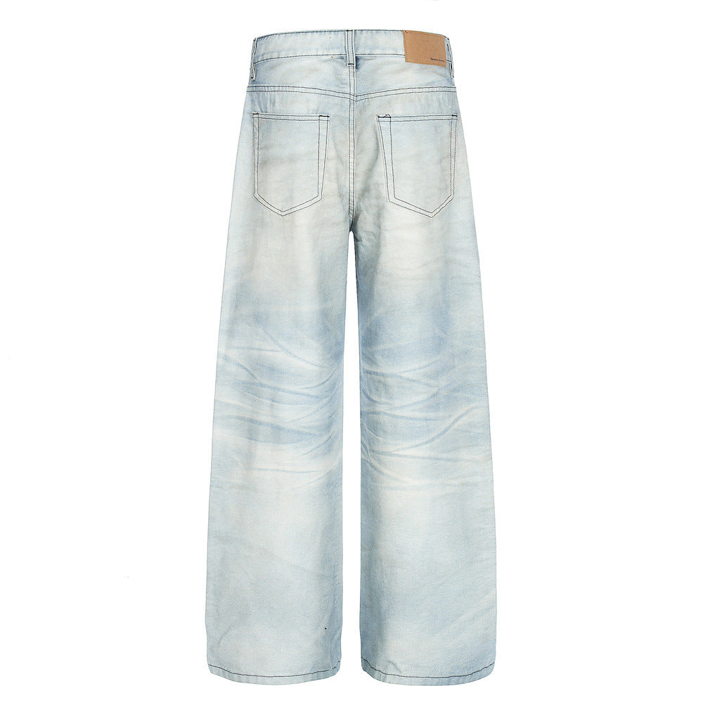 Men's Retro Denim Jeans, Distressed Washed Straight Leg, Loose Fit, Wide Leg Pants