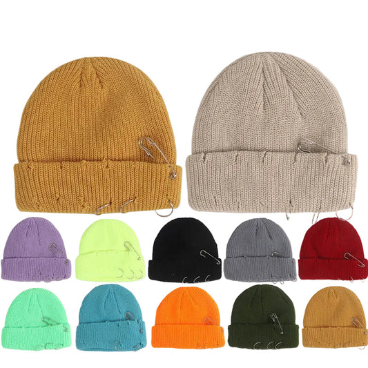 Distressed Japanese Knitted Hat with Woolen Material