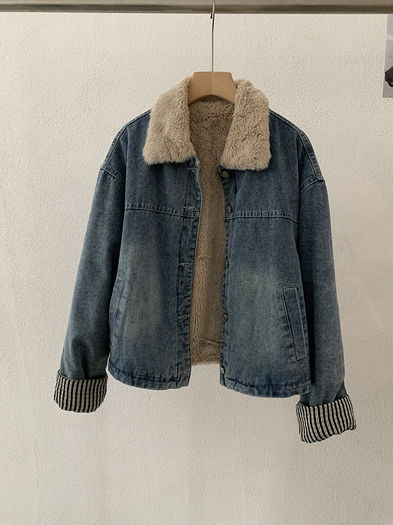 Patchwork Stripe Collar Thick Fleece Lined Single Button Long Sleeve Denim Jacket for Women