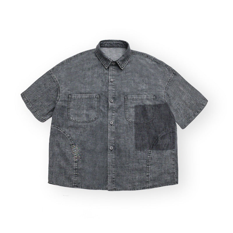 Washed and Distressed Loose-Fit Short-Sleeve Denim Work Shirt for Men