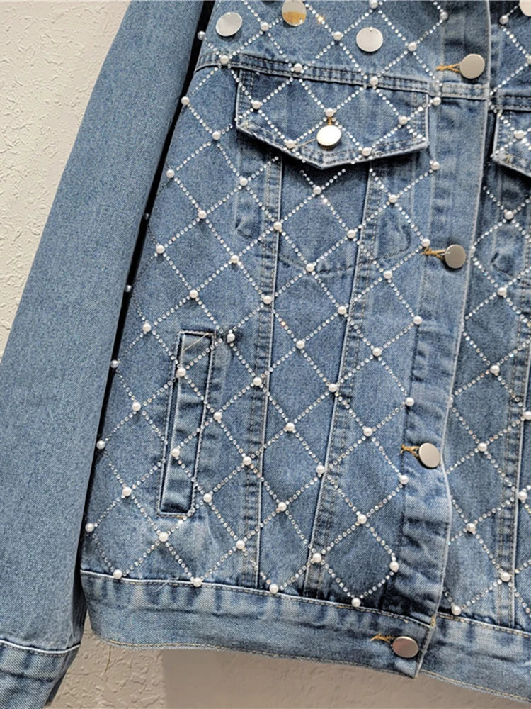 Women's Denim Jacket with Big Sequins, Pearls, and Rhinestones