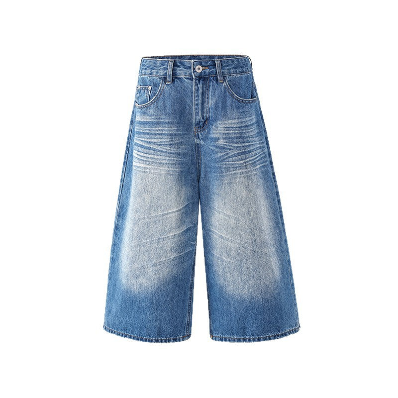 Design Creased 7/8 Length Jeans for Women - Summer Loose Wide-Leg Casual Pants