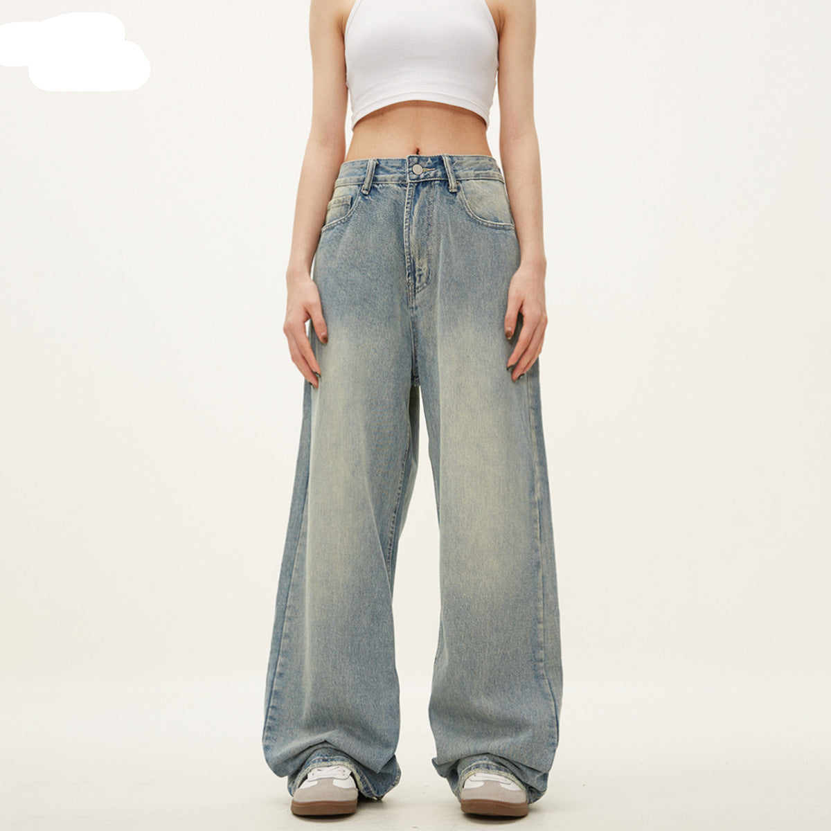 Blue Straight Jeans - Unisex - Vintage Washed Loose Fit Wide Leg Trousers