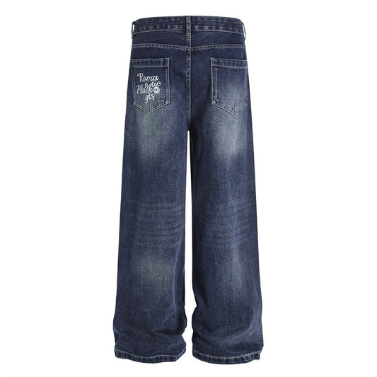 Street Design Floral Embroidered Denim Wide-Leg Long Pants