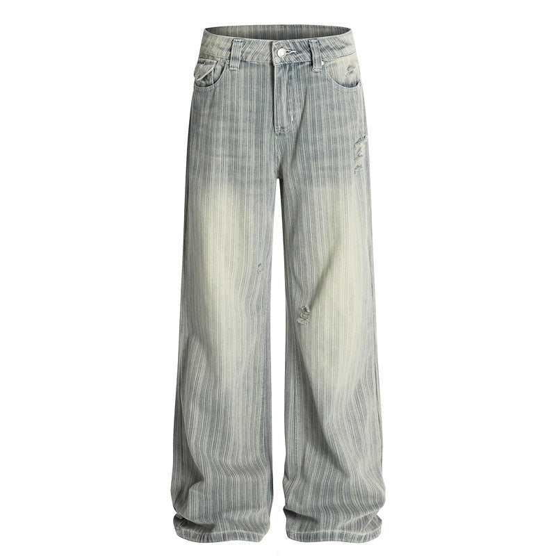 Vintage Vertical Striped Distressed Denim Pants