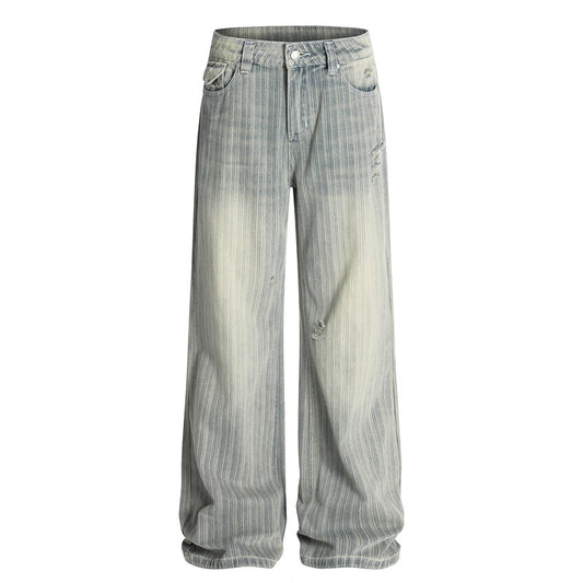 Vintage Vertical Striped Distressed Denim Pants