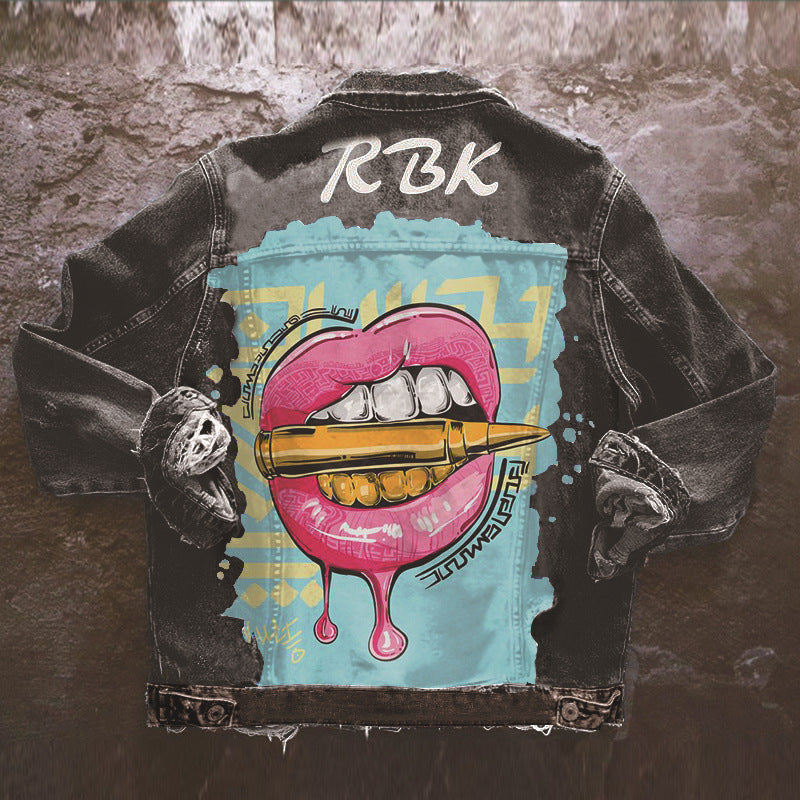 Women's Bullet Lips Print Denim Jacket