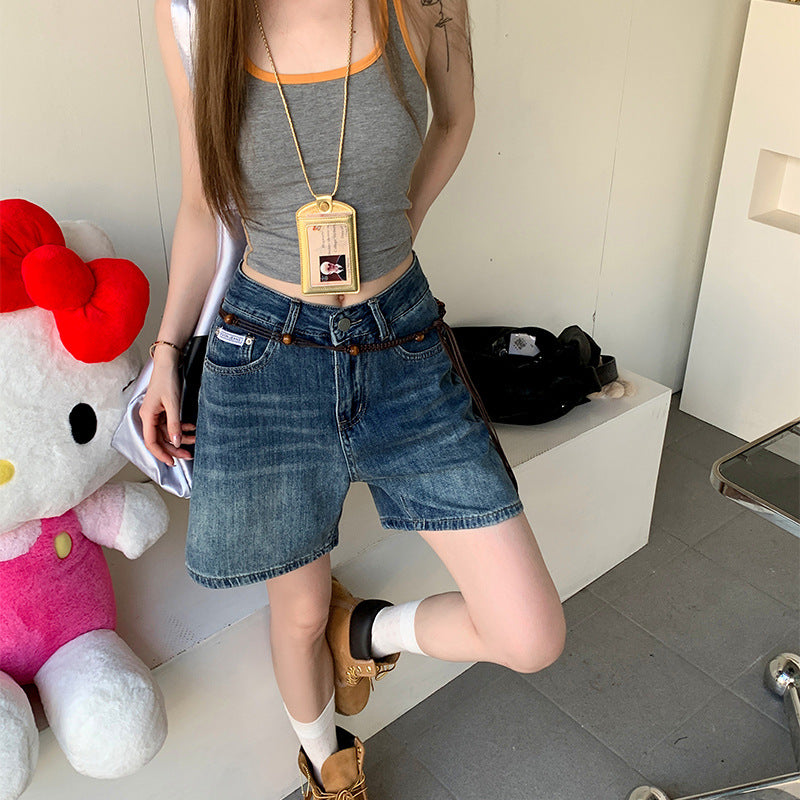 High Waist Slim Straight Leg Denim Shorts for Women