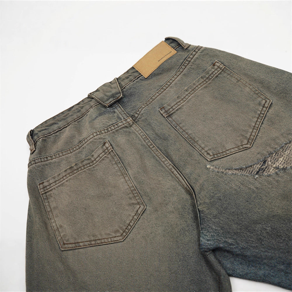 Men's Denim Jeans, Post-Apocalyptic Style Distressed Ripped Dagger Cut-Offs, Loose Fit Men's Pants