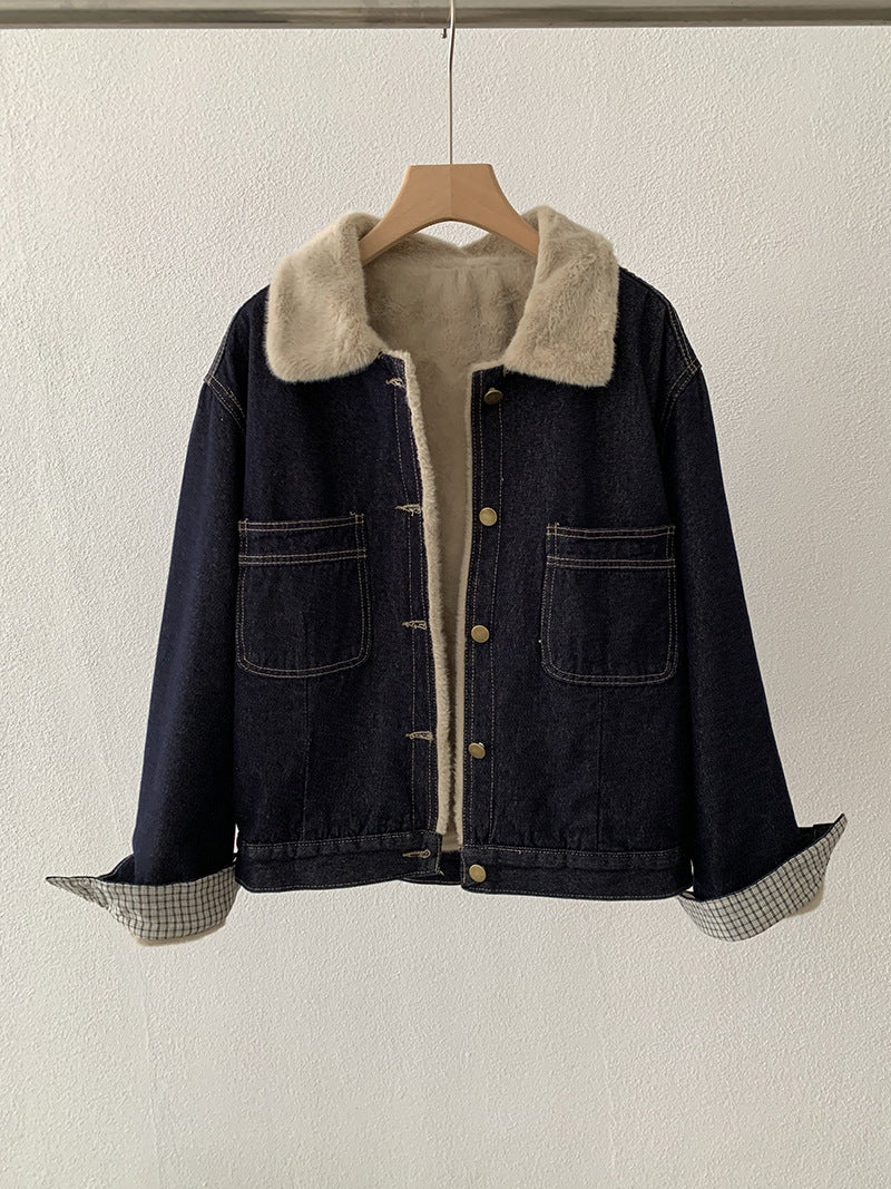 Retro Fleece-Lined Turn-Down Collar Long Sleeve Denim Jacket Top