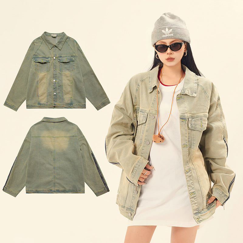 Washed and Worn Solid Color Zipper Denim Jacket