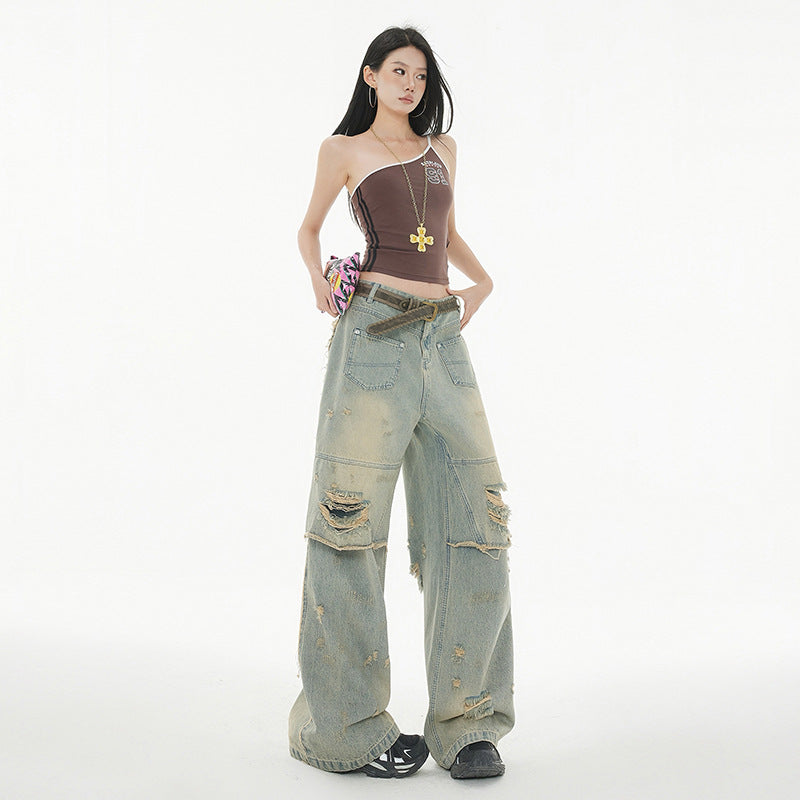 High Street Post-Apocalyptic Style Distressed Denim Pants