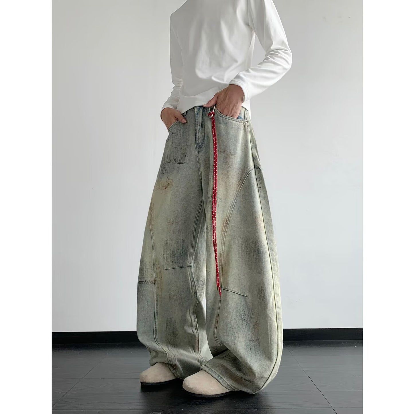 Old Deconstruction Curved Knife Denim Loose Wide Leg Pants