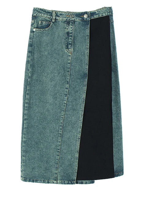 High Waist Blue Denim Color-Block Midi Skirt for Women