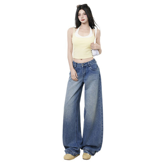 Retro Washed Blue Wide-Leg Jeans for Women - Loose Slimming Low-Waist Straight Leg Trousers