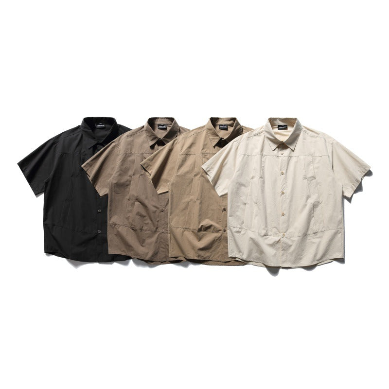 Solid Color Workwear Shirt -  Short Sleeved & Loose Fitting