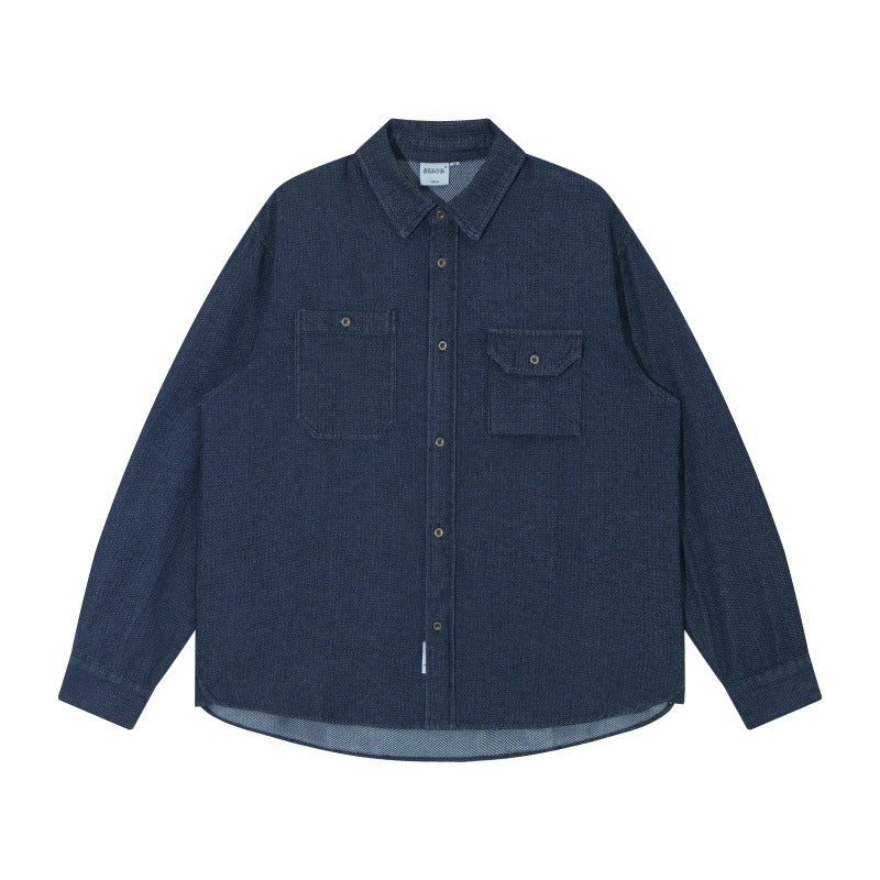 Washed Denim Workwear Long Sleeve Shirt with Patch Pockets