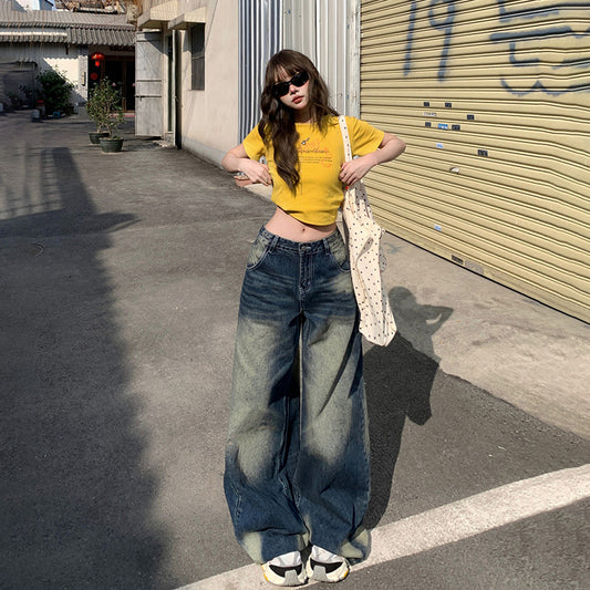 Women's Wide-Leg Jeans - Low-Waist Loose Washed Straight Pants