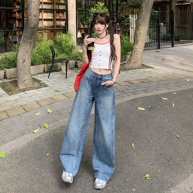 Women's Wide-Leg Floor-Length Denim Pants - Retro Blue