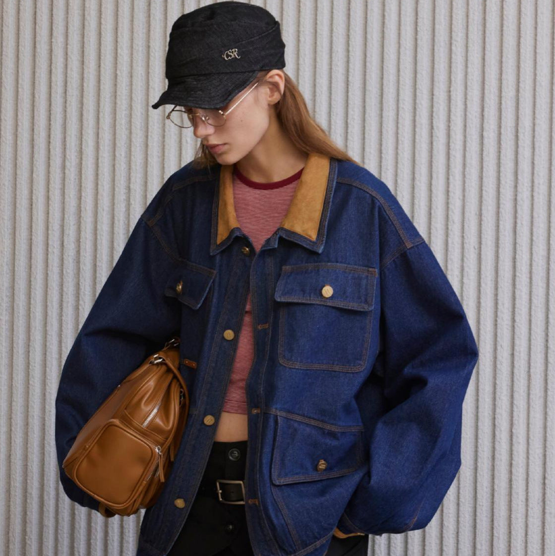 Multi Pocket Denim Jacket with Stacked Collar