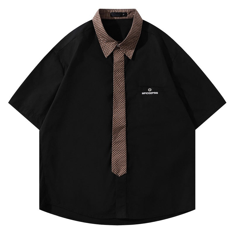 Short Sleeve Shirt for Men and Women, Loose Hong Kong Style Couple Tie Plaid Blouse